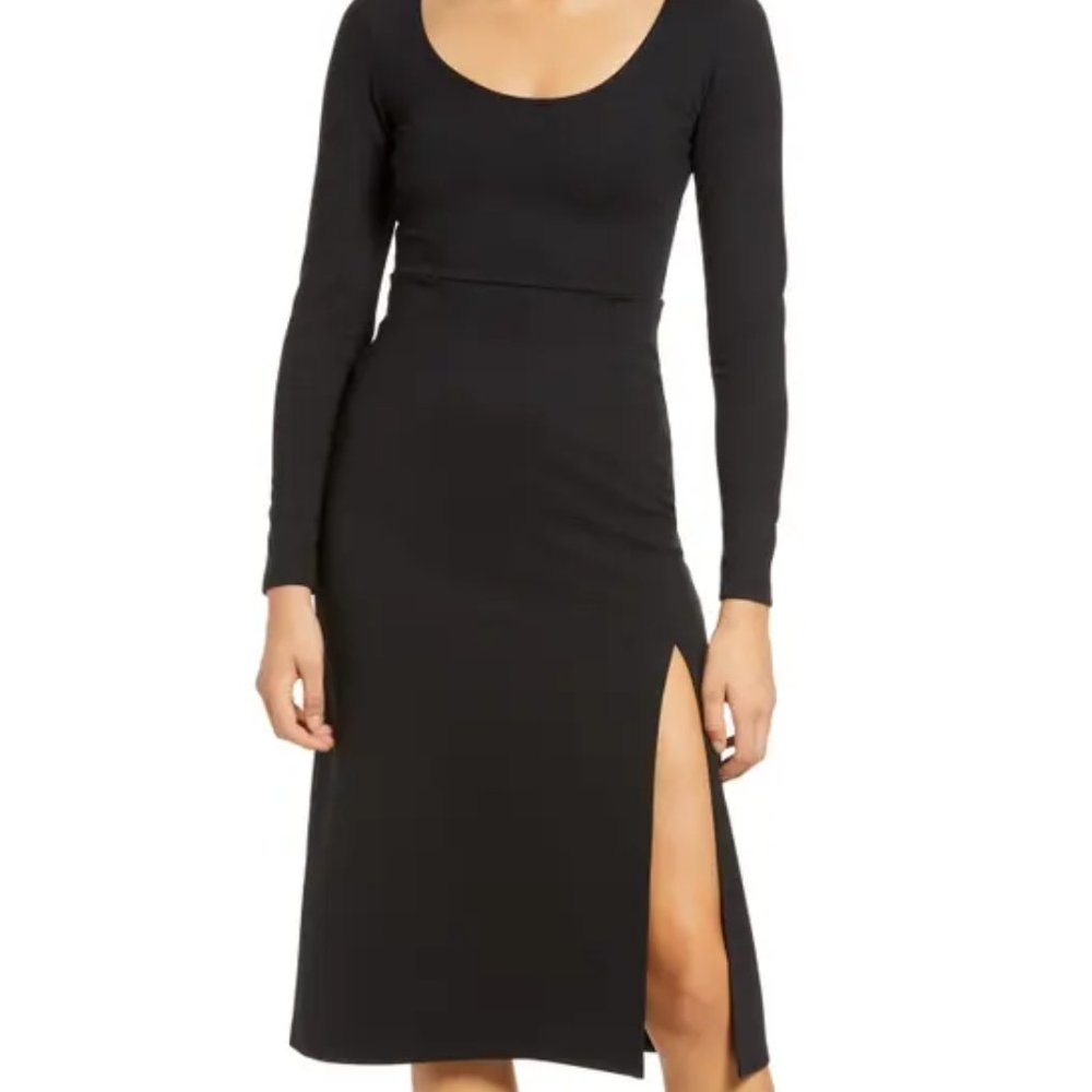 Leith Black Long Sleeve Side Slit Midi Dress